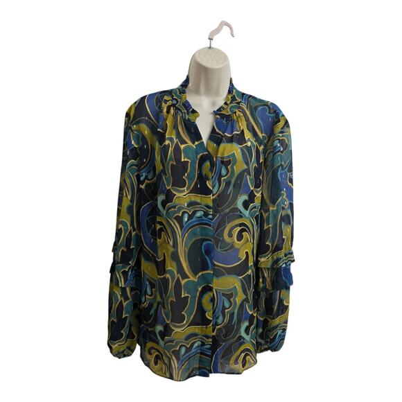 Chico's Tops - Chico’s Abstract Print Sheer Blouse Blue Green Yellow Ruffle Neck Metal Size L